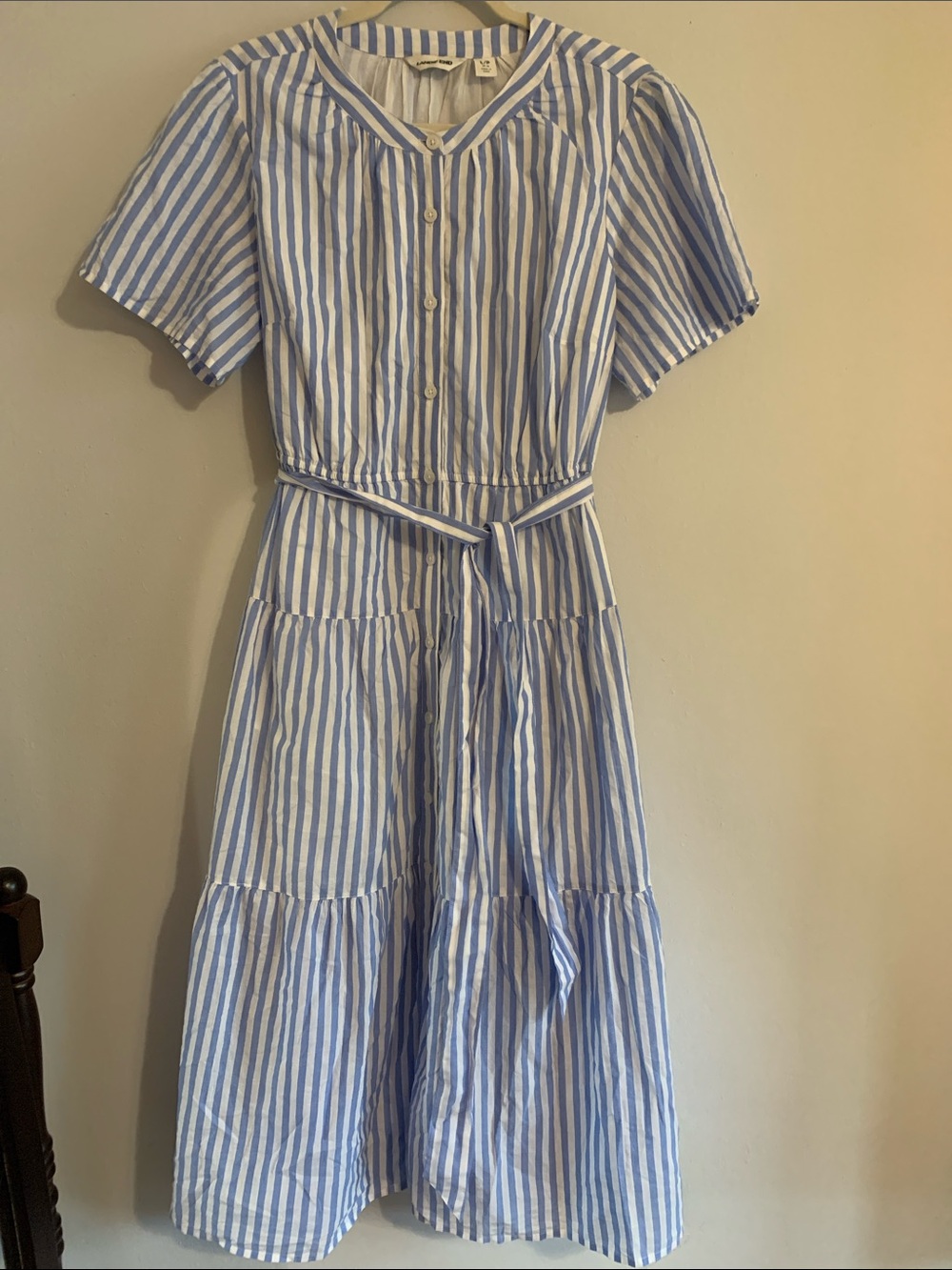 LANDS END Blue and White Striped Dress with Tie Waist